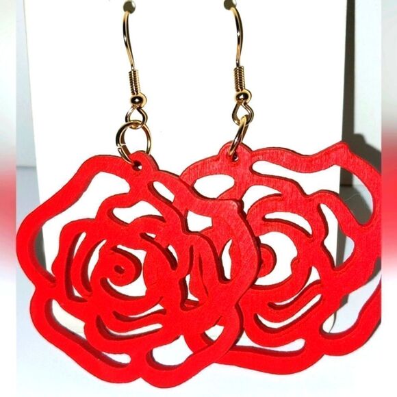 Hand Crafted Jewelry - Gorgeous hollow rose wooden earrings